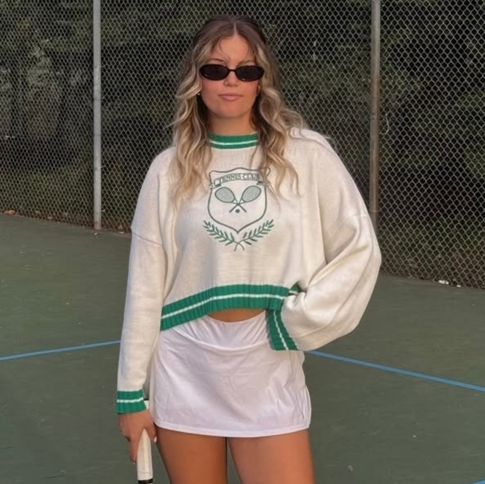 SINCERLY JULES Tennis Club Cropped Sweater. Green/White.– Size M –